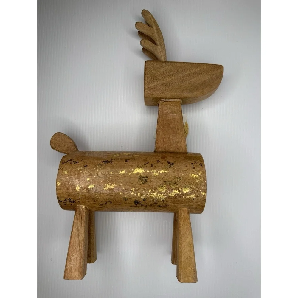Wood Reindeer Figurine Gold Leaf Accent Handcrafted Christmas Decor 18